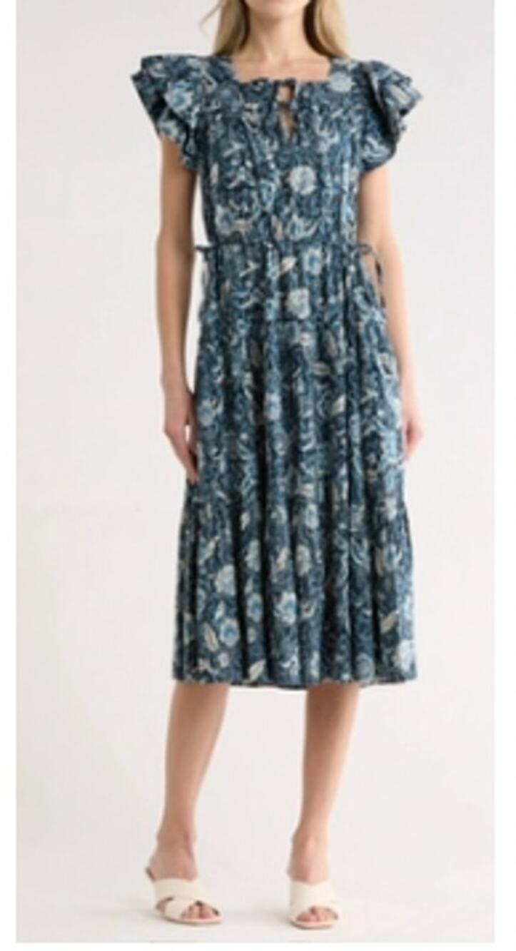 Ulla Johnson Blue Floral Tiered Whimsical Zuma Ruffle Sleeve Midi Dress size 10
